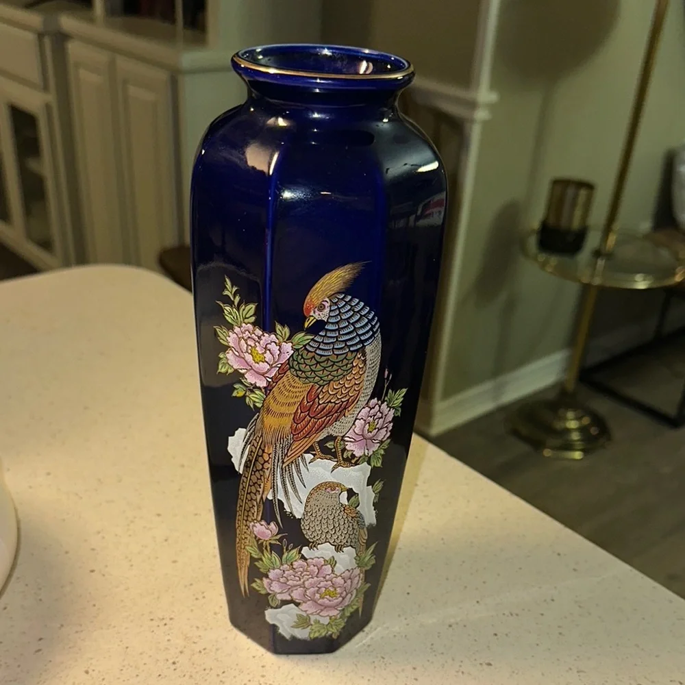 Japanese Blue Vase with Bird and Floral Design, Made in Japan